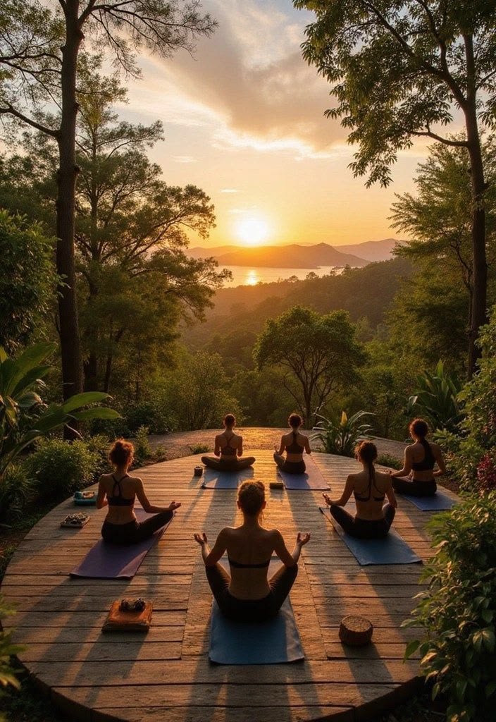 A small group practicing yoga on a wooden deck at sunrise