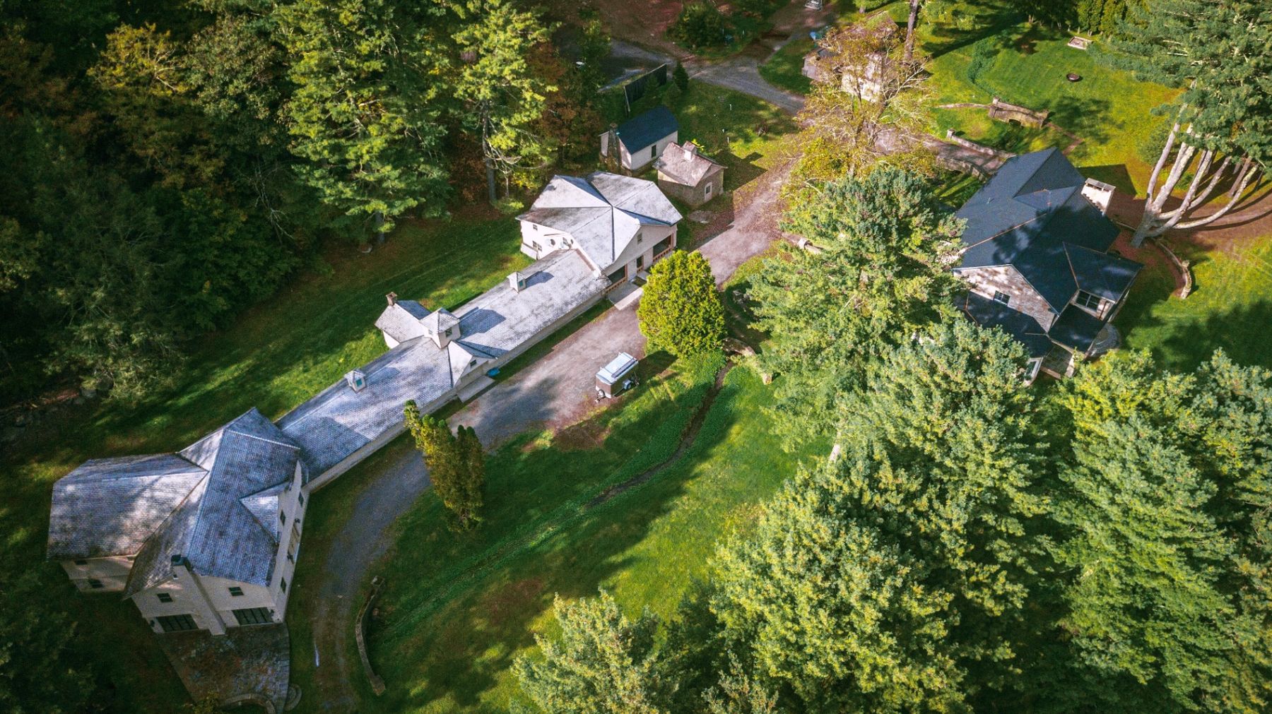 The Lundy 1920 estate from above, meadows and woodland in the Hudson Valley