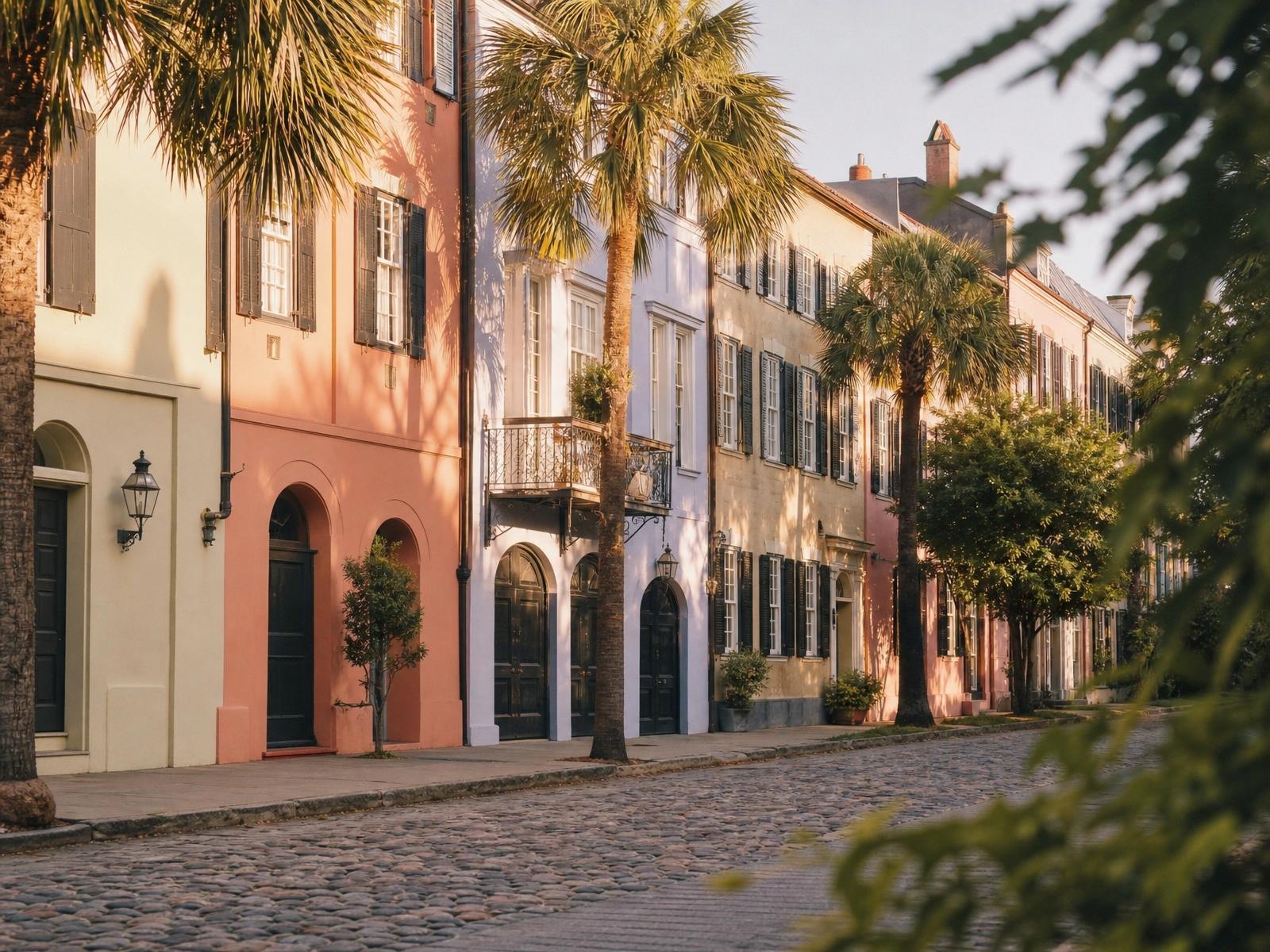 Pastel Rainbow Row houses with palmettos on a cobblestone Charleston street at golden hour