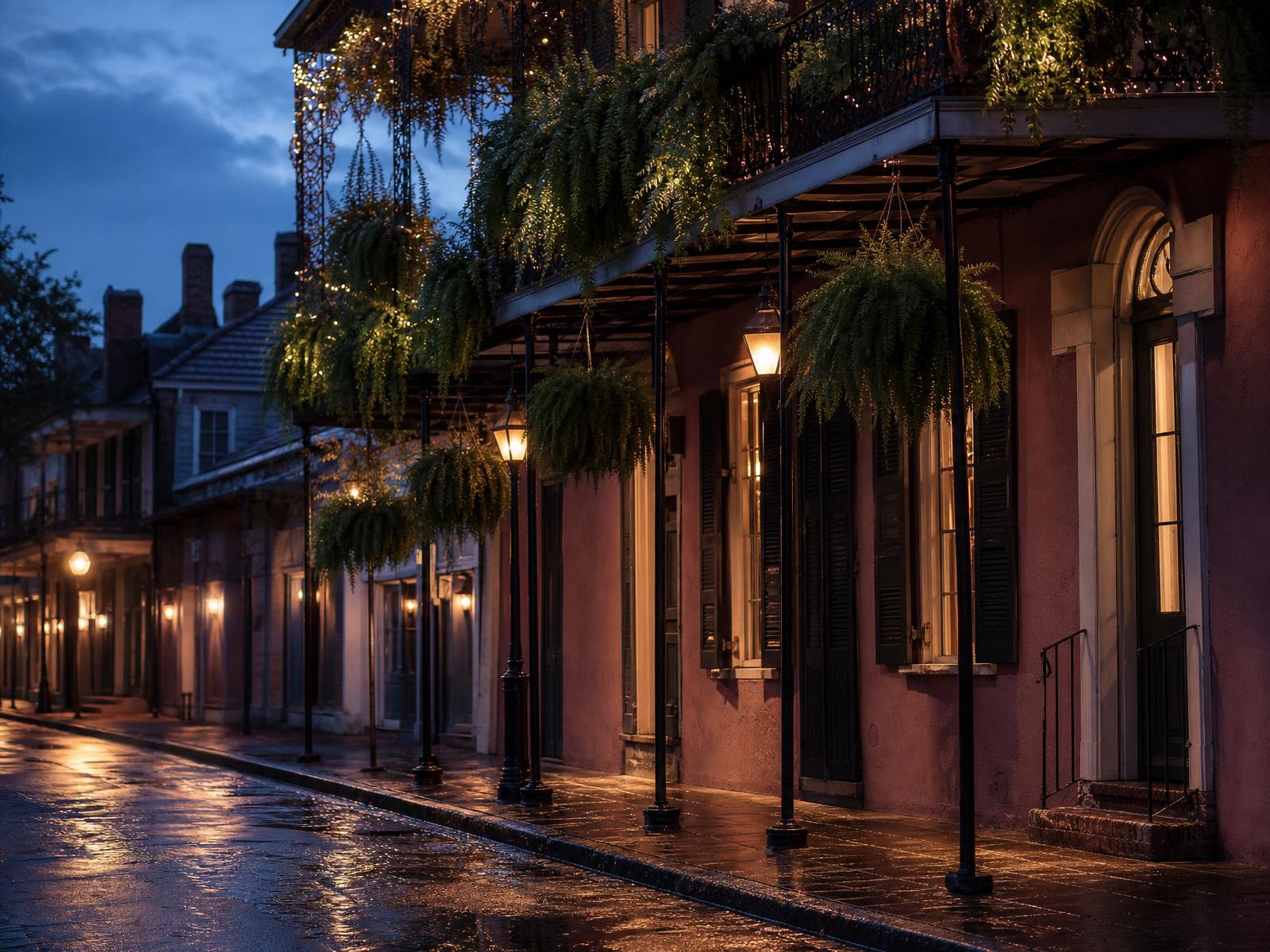Gas-lit French Quarter balcony draped in ferns at blue hour, wet cobblestone street