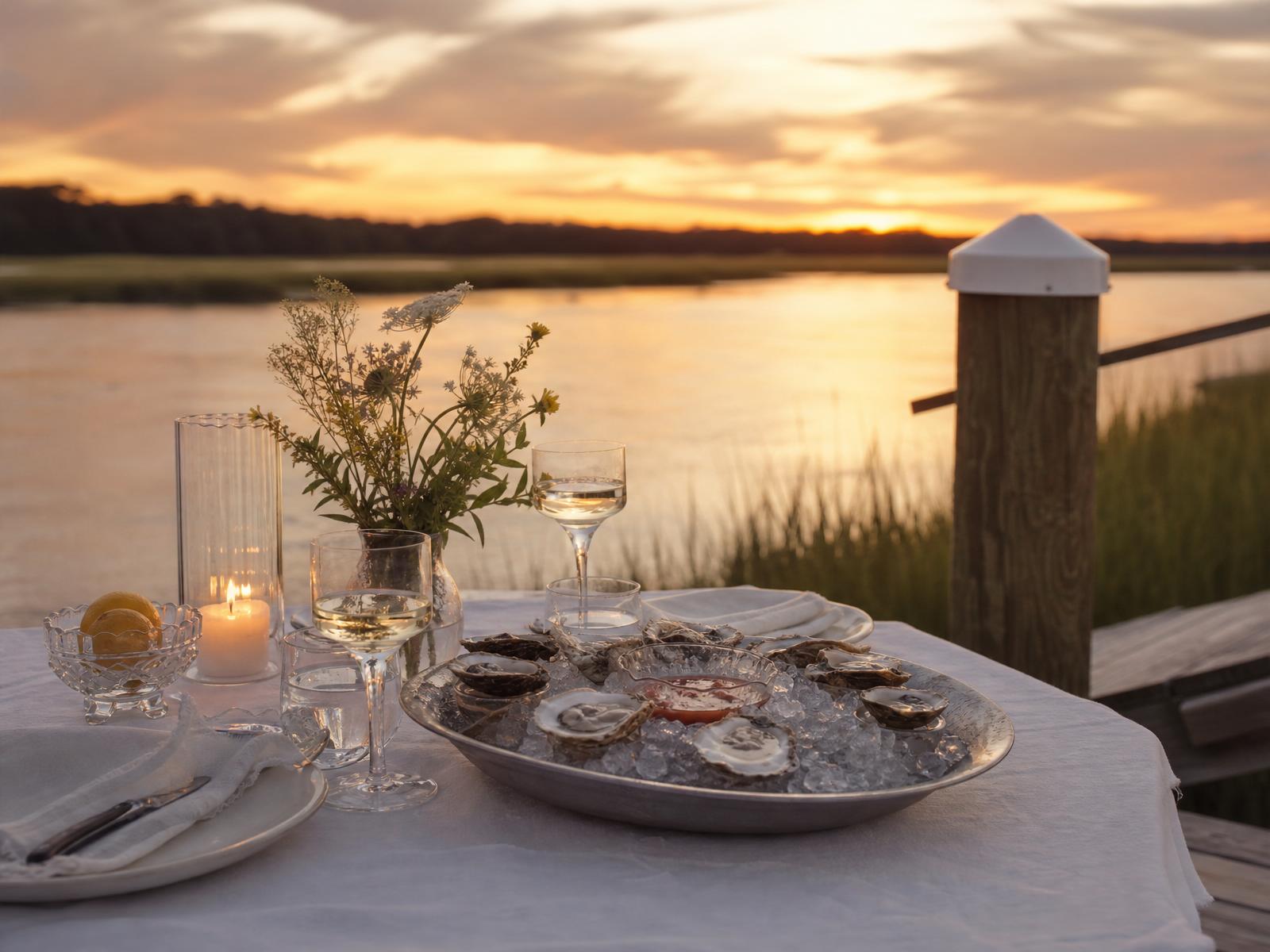 Candlelit dockside table set with oysters and wildflowers at sunset